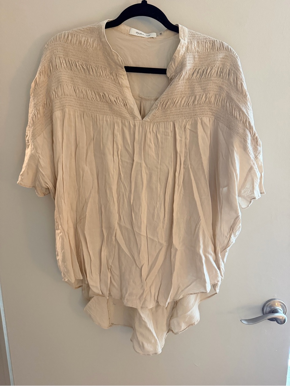 Mustard Seed Cream Smocked V-Neck Peasant Blouse